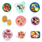 Graphic for post – grid of colorful kids plates full of healthy and easy snacks.