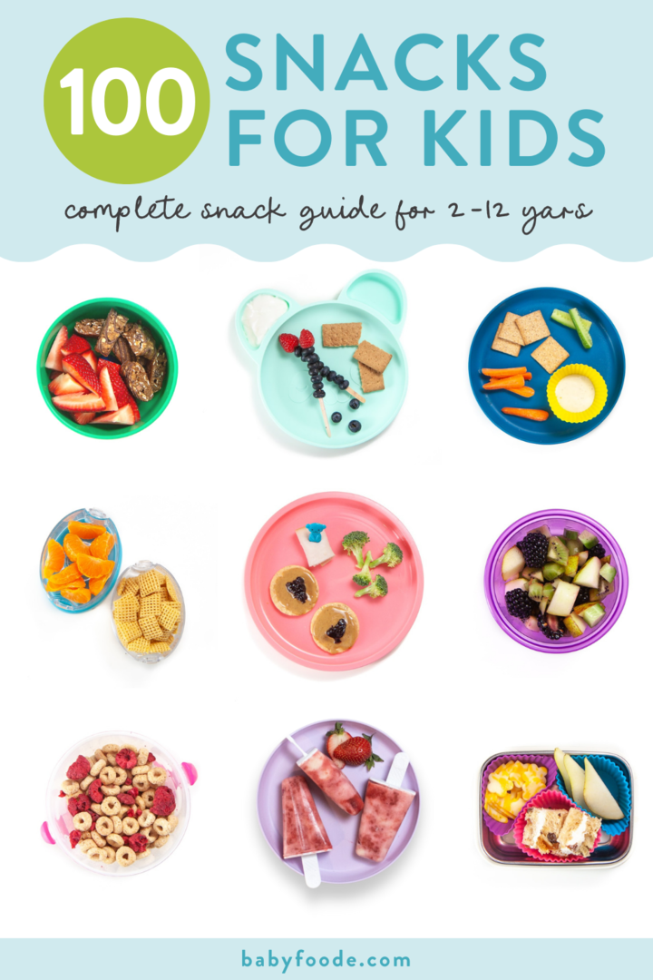 Graphic for post – 100 snacks for kids, complete guide for 2–12 years old. Images are in a grid of colorful kids plate with healthy and colorful foods for snacks.