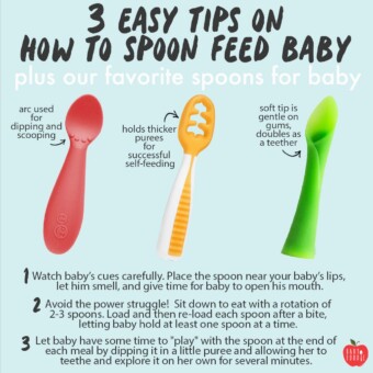 Graphic for Post - 3 Easy Tips on How to Spoon Feed Baby - with 3 spoons in a row with tips and our favorite spoons.