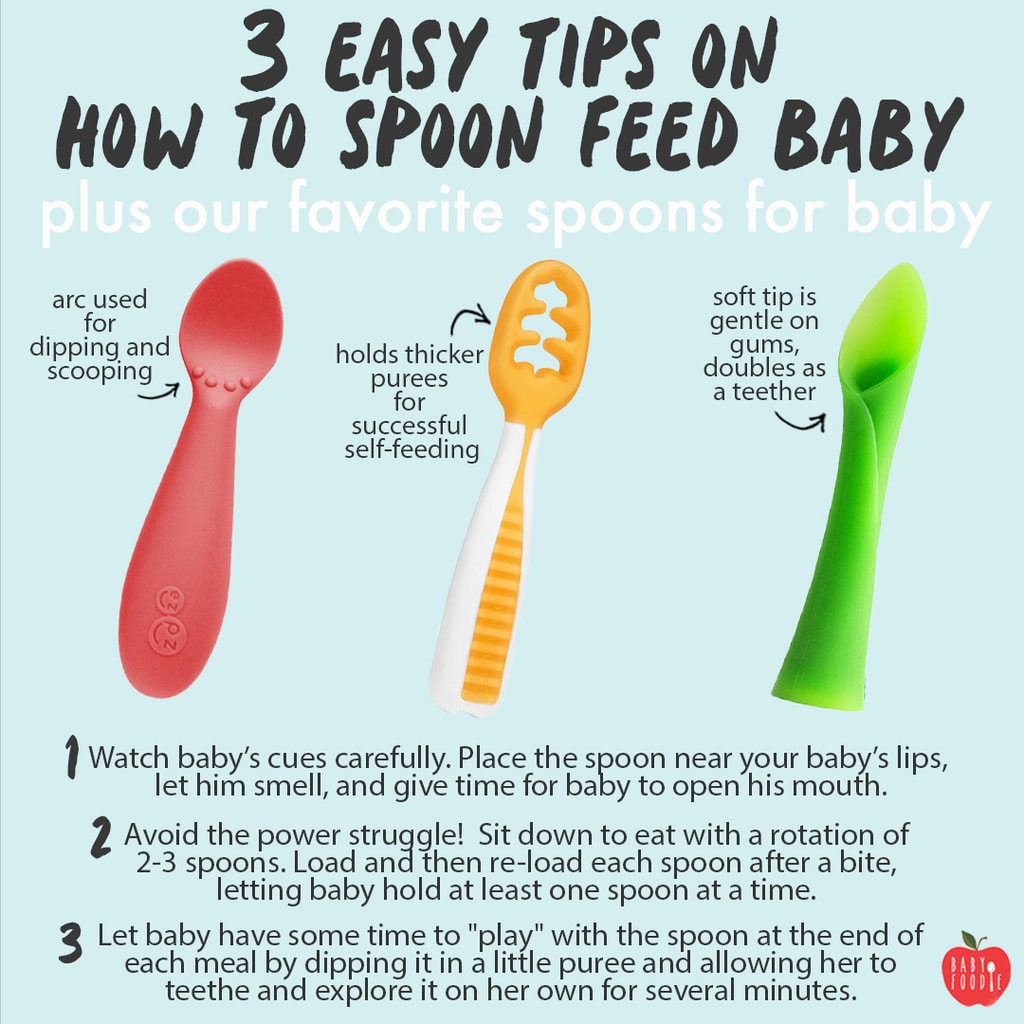 Graphic for Post - 3 Easy Tips on How to Spoon Feed Baby - with 3 spoons in a row with tips and our favorite spoons. 