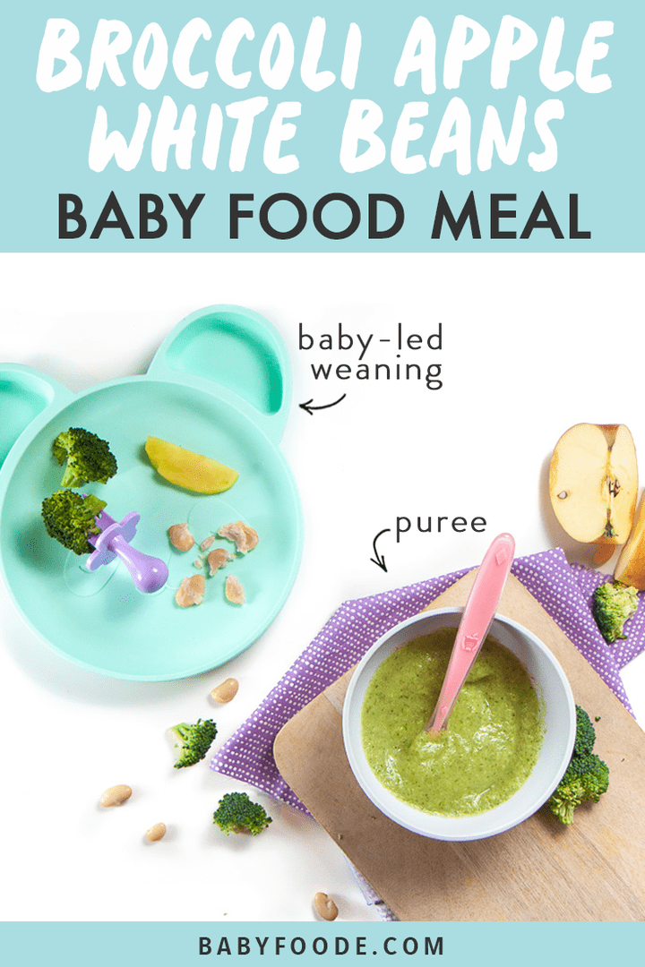 Graphic for Post - Broccoli, Apple and White Bean Baby Food Meal - great for baby food puree or for baby-led weaning with images of how to serve them to baby both ways. 