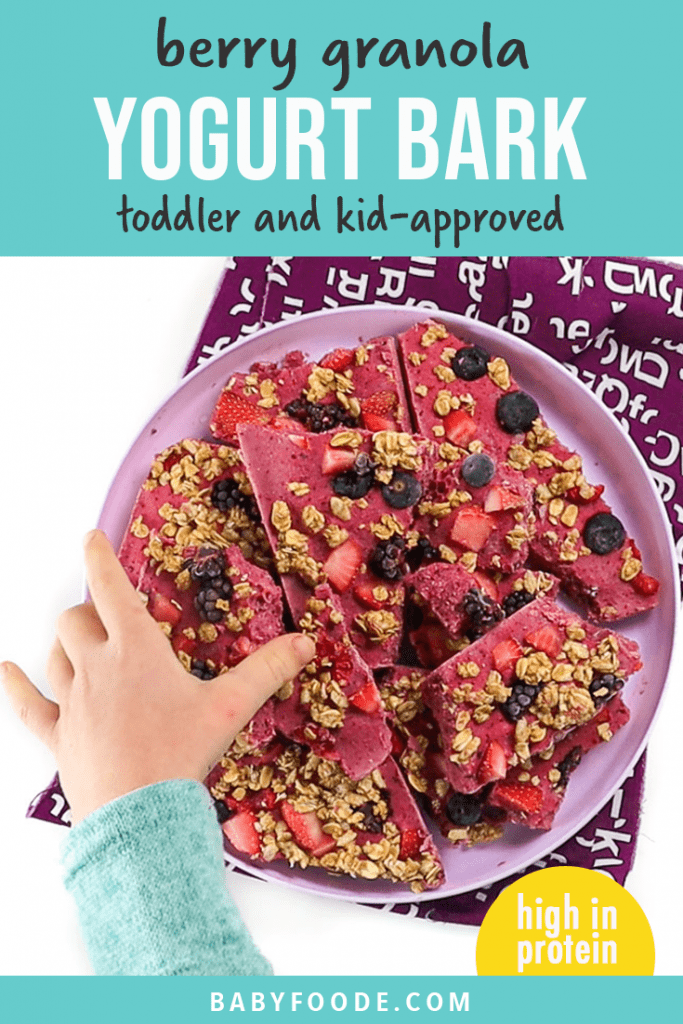 Graphic for Post - berry granola yogurt bark - toddler and kid approved with small kids hand reaching into a plate full of yogurt bark to pick one up.