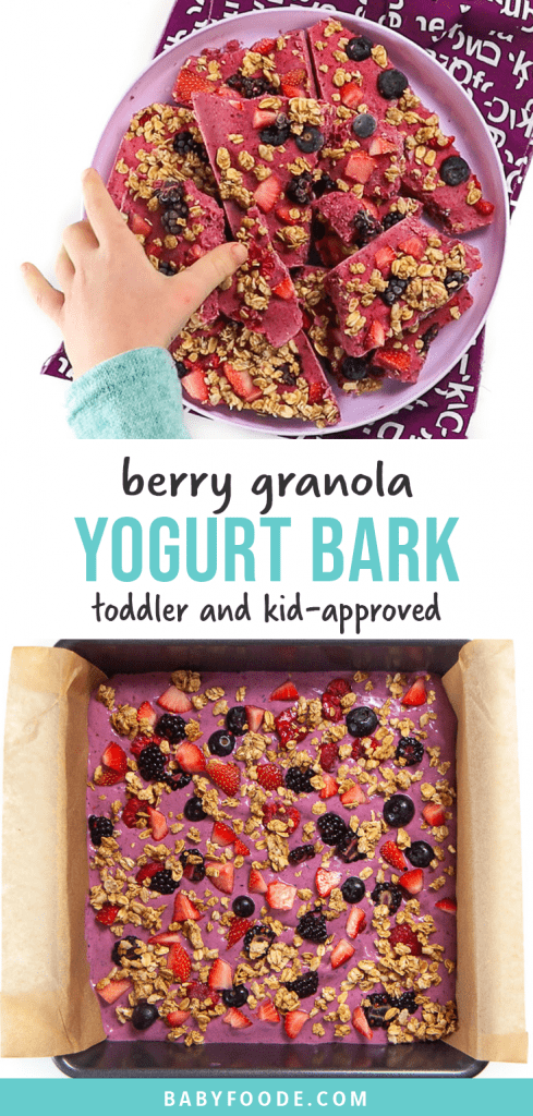 Graphic for Post - berry granola yogurt bark - toddler and kid approved with small kids hand reaching into a plate full of yogurt bark to pick one up as well as a pre-frozen yogurt bark.