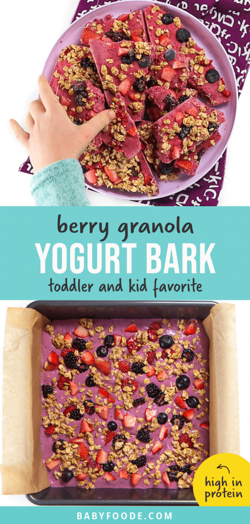 Graphic for Post - berry granola yogurt bark - toddler and kid approved with small kids hand reaching into a plate full of yogurt bark to pick one up as well as a pre-frozen yogurt bark.