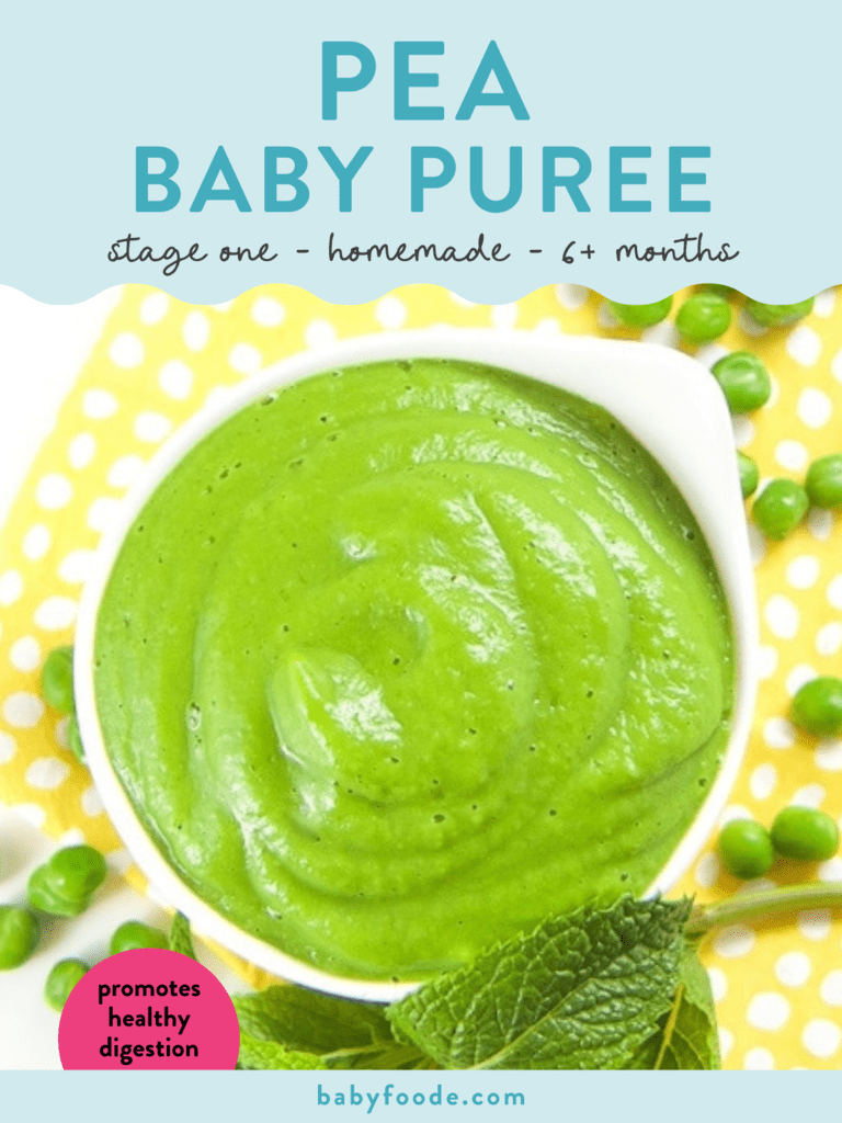 Graphic for post - pea baby food pure - stage one, homemade, 6+ months - promotes healthy digestion. Images is of a white bowl with a creamy and smooth puree inside with peas and mint in the background. 