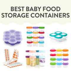graphic for post - best baby food storage containers - images are of colorful containers made to hold baby food purees.