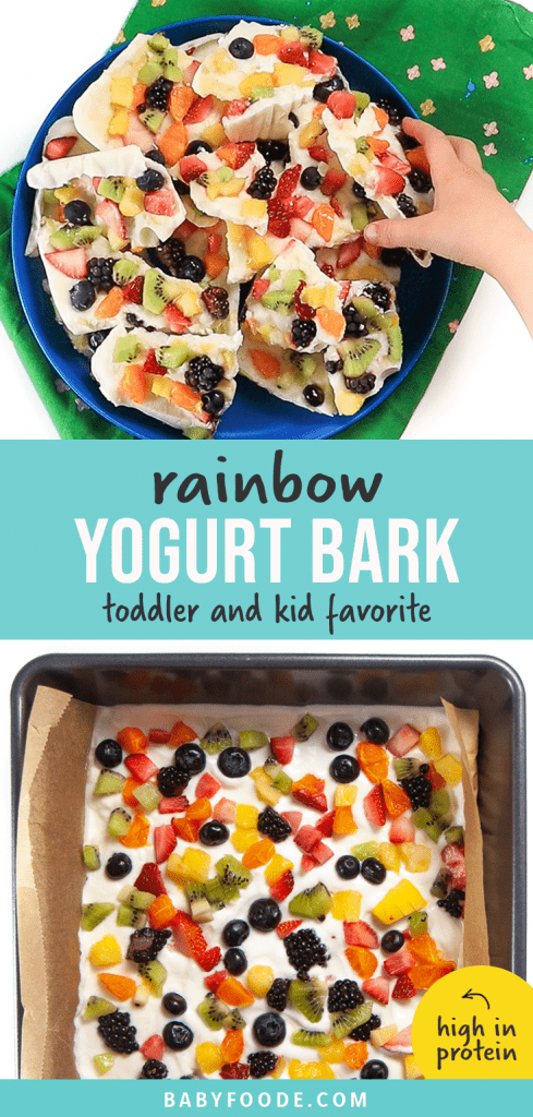 Graphic for post - rainbow frozen yogurt bark - toddler and kid favorite - high in protein. Image is of kids hand reaching into a pile of frozen yogurt bark and a tray full of the yogurt bark.