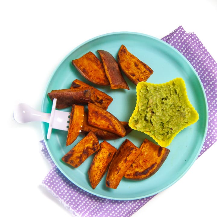 Plate full of healthy roasted sweet potatoes for baby and toddler.