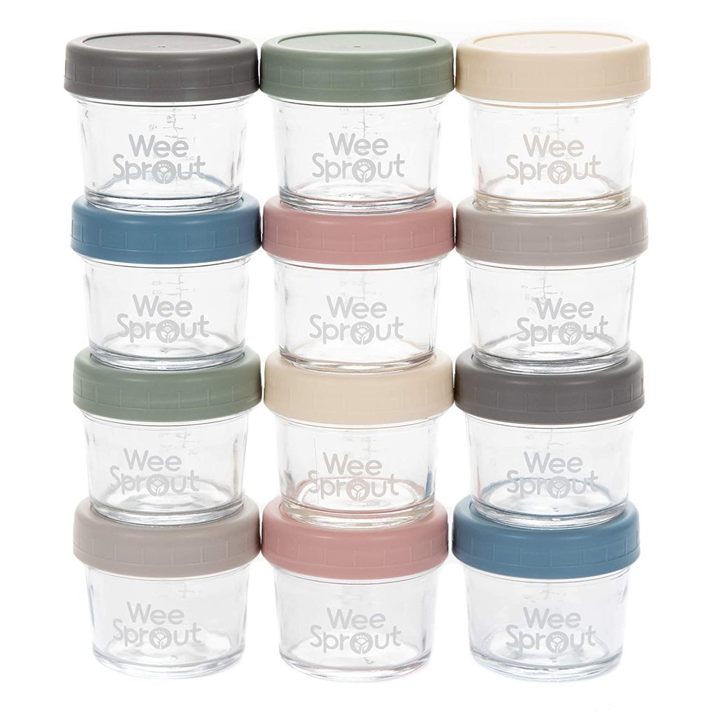 weesport glass baby food storage jars against a white background with soft colored lids.