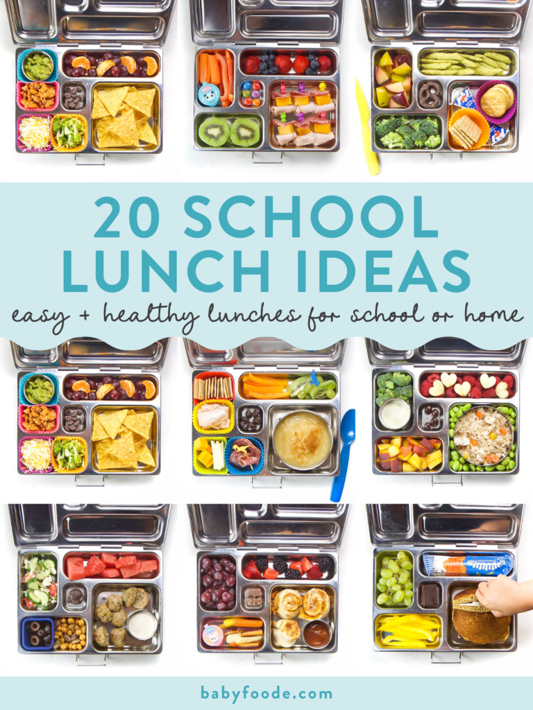 20 school lunch ideas – easy and healthy lunches for school or home. Images are of a silver kids lunchbox full of colorful healthy and easy foods.