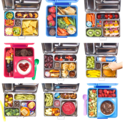 Graphic for post - grid of colorful and silver lunch boxes with recipe ideas for school lunches.