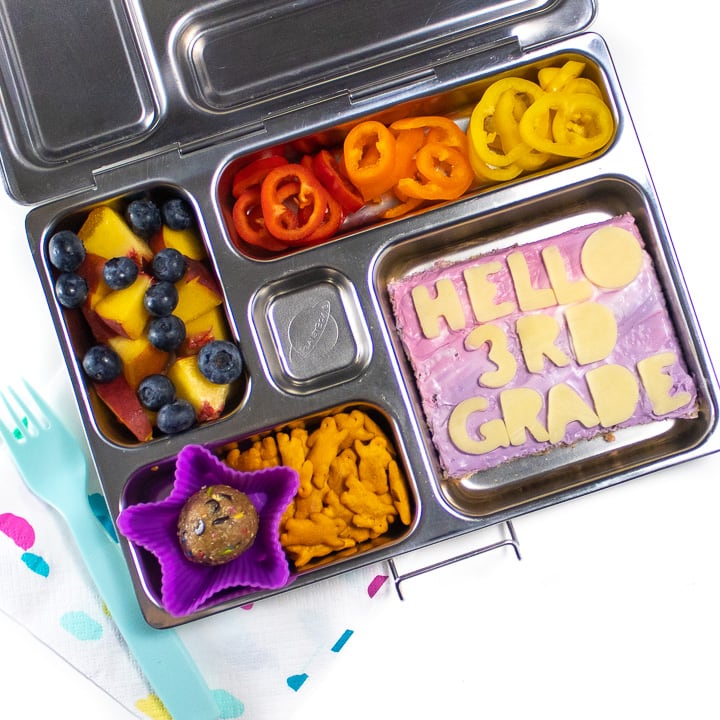 A back to school lunch that is full of healthy and colorful foods. 
