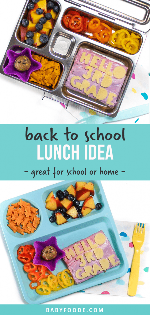 Graphic for post - back to school lunch idea - great for school or home. With an images of a school lunch box and a teal plate filled with a fun lunch for kids.