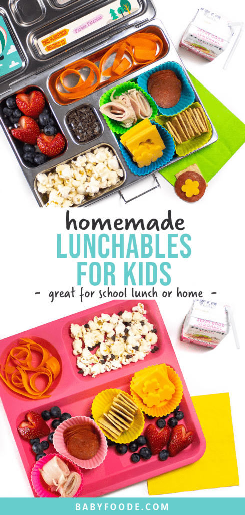 Graphic for post - homemade lunchables for kids - great for school lunch or home. Image is of this kid lunch in a bento box as well as a plate for lunch at home.