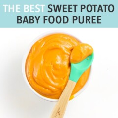 graphic for post - the best sweet potato baby food puree with a small white bowl filled with a creamy puree for baby with a teal spoon resting on top.