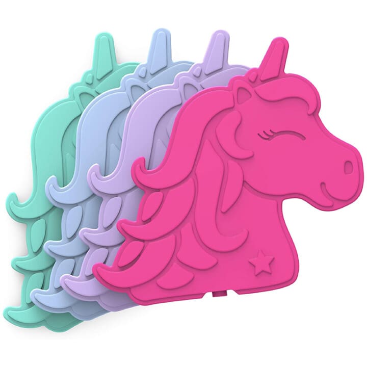 A four pack of colorful unicorn ice packs for kids lunches.