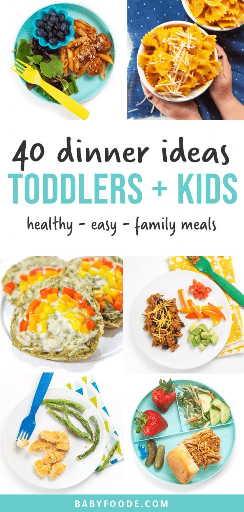 graphic for post - 40 dinner ideas for toddler and kids - healthy - easy - family meal. Images in a grid of plates filled with meals for the entire family.