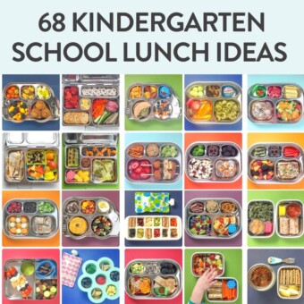 Graphic for post - 68 kindergarten and preschool school lunch ideas. Images are in a grid with colorful backgrounds, bento boxes and food.
