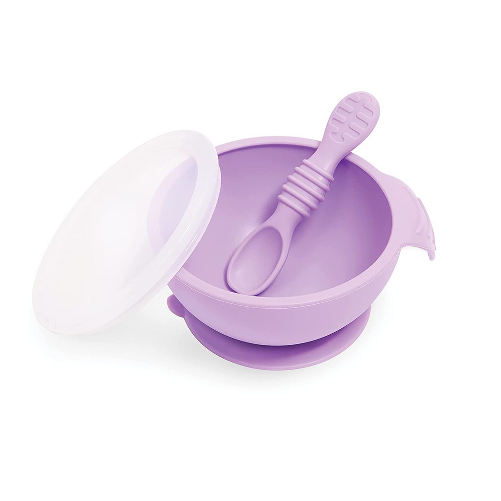 Purple baby bowl with spoon and lid. 