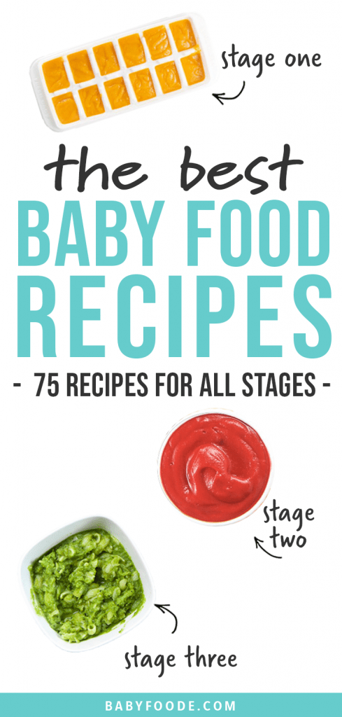 Graphic for post - the best baby food recipes - 75 homemade recipes for all stages - stage one, stage two and stage three. Images are of a spread of baby foods as well as a graphic showing the different stages.