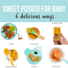 sweet potato for baby - 6 delicious ways! With a spread of images on different ways to make sweet potatoes into food for baby.