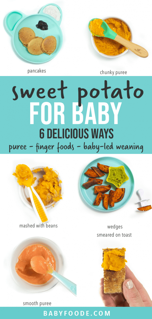 Graphic for Post - sweet potato for baby - puree, finger foods, baby-led weaning. Images show a spread of different ways to serve sweet potatoes to baby.