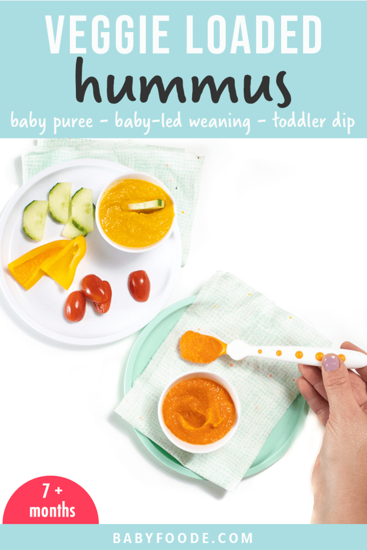 Eine Grafik für den Post - Veggie loaded Hummus - Baby Püree - Baby-led Weaning - Toddler Dip mit einem Bild, wie aus diesem einen Rezept zwei Rezepte für Baby und Kleinkind werden. 