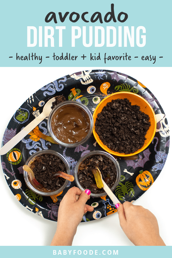 Graphic for Post - avocado Dirt Pudding - healthy - toddler and kid favorite - easy. Hands reaching into a spooky halloween tray putting worms into a dirt cup for dessert. 