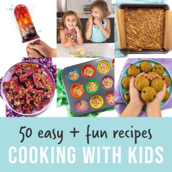 post graphic - 50 easy and fun recipes for cooking with kids. Images in a grid of fun and colorful recipes to make your kids.