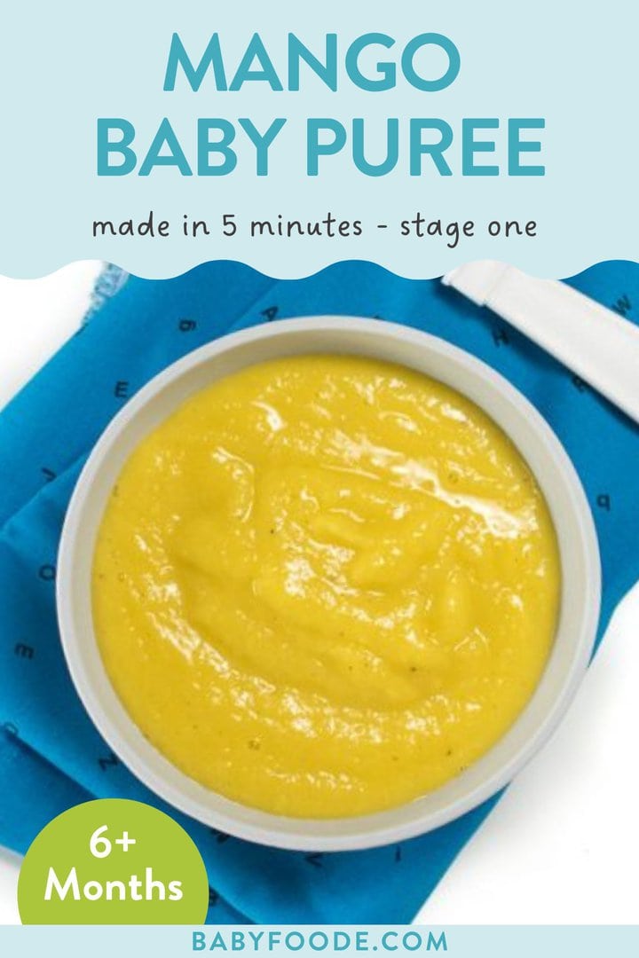 Graphic for post - mango baby food puree, made in 5 minutes, stage one, 6+ months. Image is of a gray baby bowl with a creamy yellow mango puree inside on top of a blue napkin. 