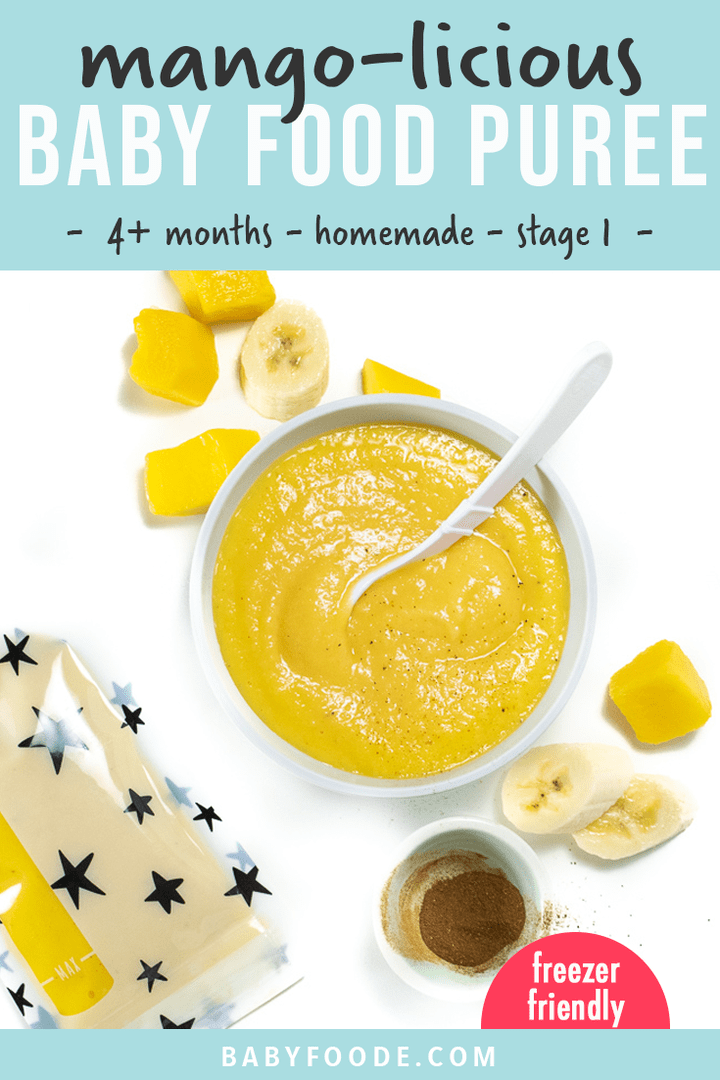 Graphic for Post - Mango Baby Food Puree - 4 months and up - homemade - stage one puree. WIth image of a bowl of mango puree with chunks of produce surrounding it.