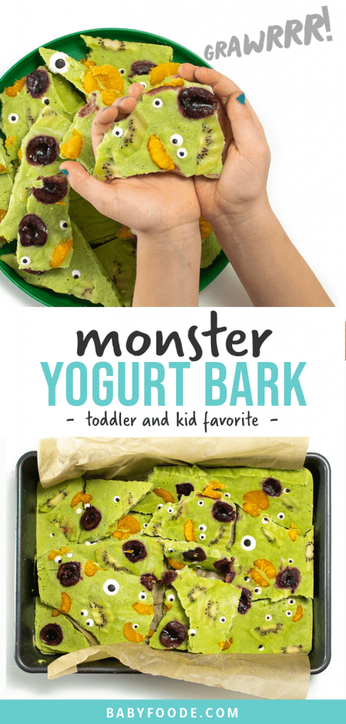 Graphic for post - monster yogurt bark - toddler and kid favorite. Images are of a kids holding a plate full of healthy yogurt bark for a fun halloween snack or treat.