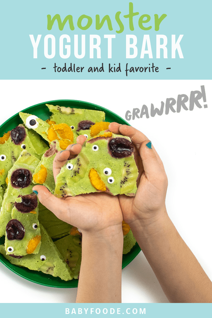Graphic for post - monster yogurt bark - toddler and kid favorite. Images are of a kids holding a plate full of healthy yogurt bark for a fun halloween snack or treat. 