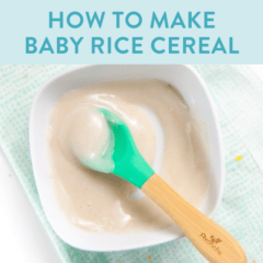 Graphic for post - how to make baby rice cereal - with photo of white bowl on blue napkin with a wooden spoon sitting in the bowl with a creamy rice cereal.