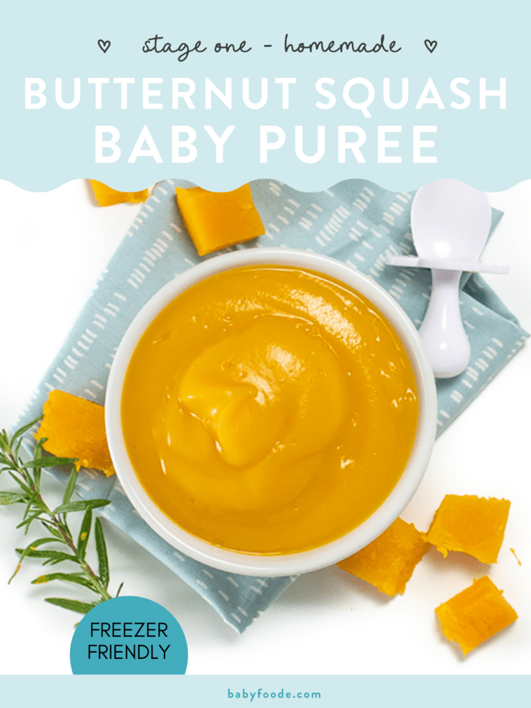 Graphic for Post - butternut squash baby puree - 4+ months - homework - stage 1. Image is a small bowl of pureed butternut squash for baby with chunks of butternut squash and rosemary next to it.