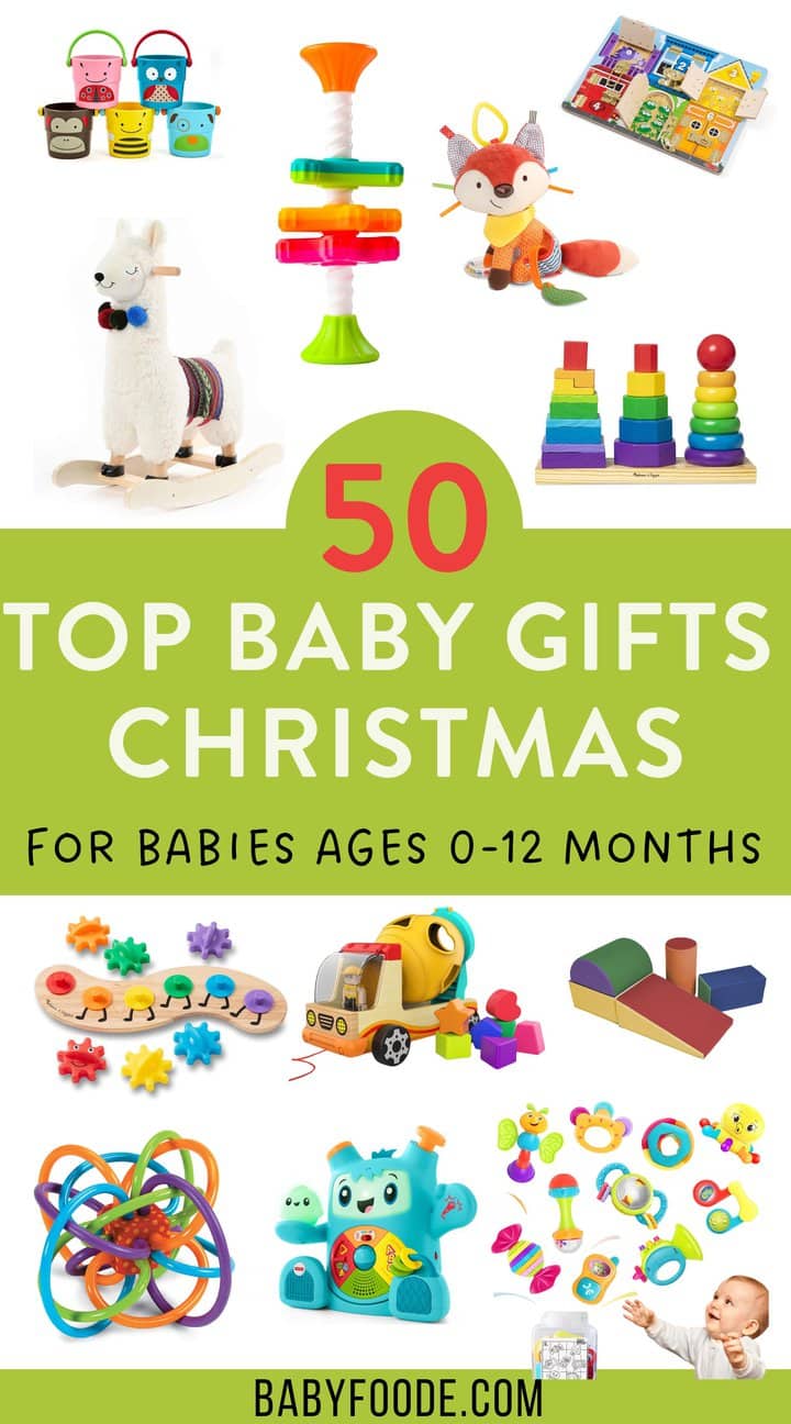 Graphic for post - 50 top baby gifts christmas for babies ages 0-12 months. Images of gifts and toys are in a collage against a white background. 