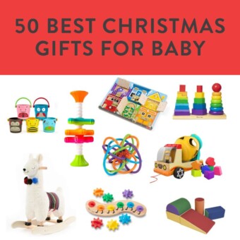 Graphic for post - 50 best christmas gifts for baby. images are all the toys in a collage against a white background.