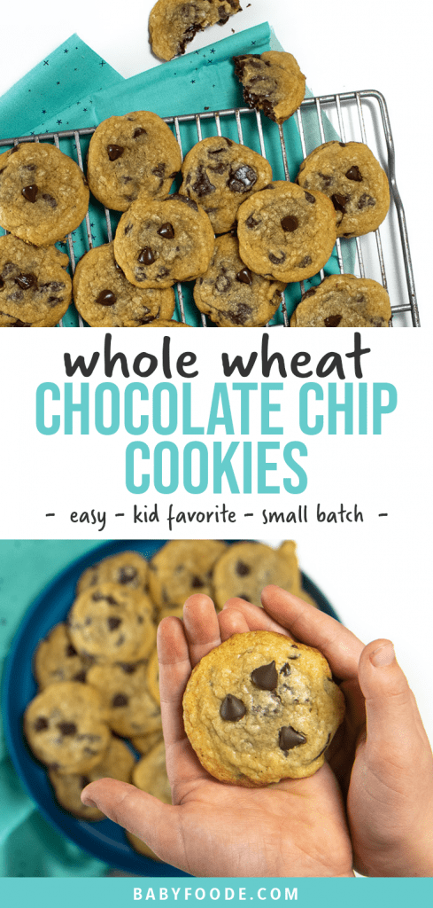 Graphic for Post - whole wheat chocolate chip cookies - easy - kid favorite - small batch. Images are of a small hand holding a cookie as well as a cooking rack with a pile of cookies on top.