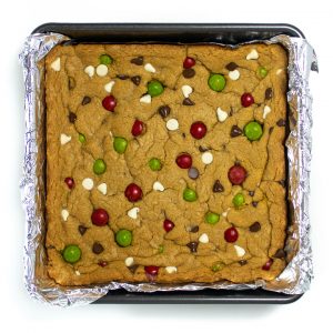Pan with cooked cookie bars.