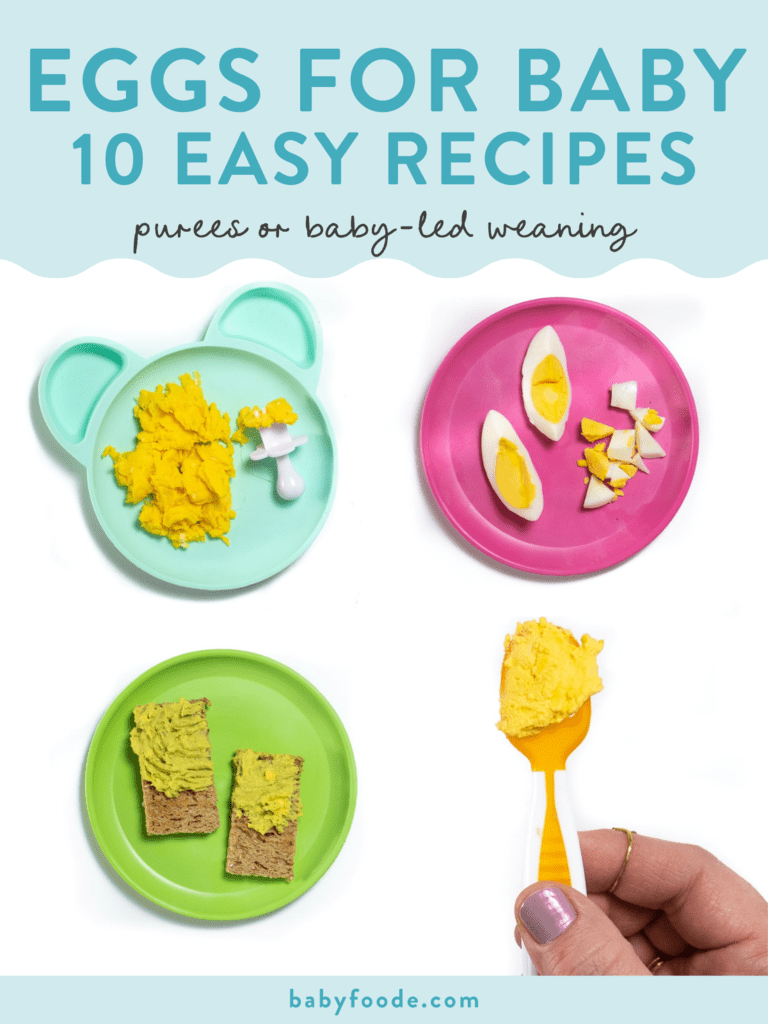 Graphic for post - Eggs for baby - 10 easy recipes - purees or baby led weaning. Images are of egg recipes on brightly colored baby plates and spoons. 