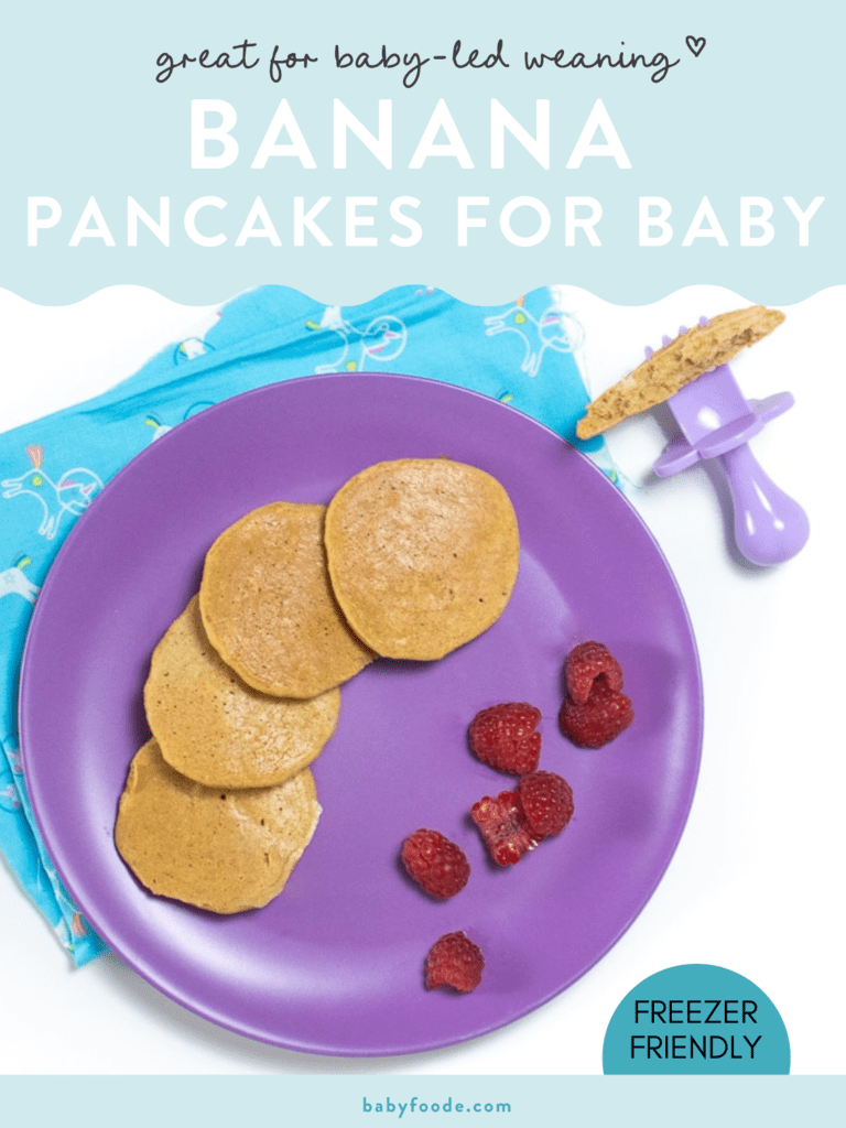 Graphic for post - banana pancakes for baby. Great for baby-led weaning. Image is of a purple plate of banana pancakes and sliced raspberries. 