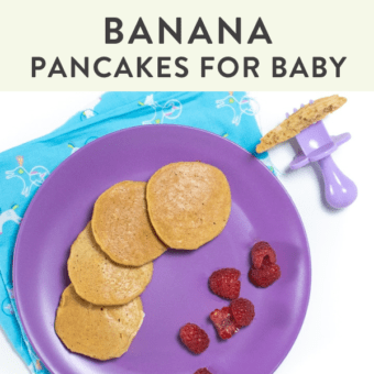 Purple plate with banana pancakes and raspberry pieces for baby.