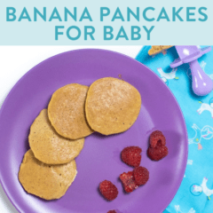 Banana pancakes for baby - pictures of a purple plate with small banana pancakes on them.