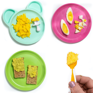 Grid of 4 images of egg recipes for baby on colorful plates.