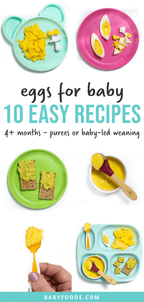 Graphic for post - eggs for baby - 10 easy recipes - 4+ months - purees or baby-led weaning. Images are in a grid of different egg recipes on colorful plates.