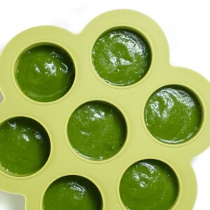 Green freezer tray with green bean puree inside.