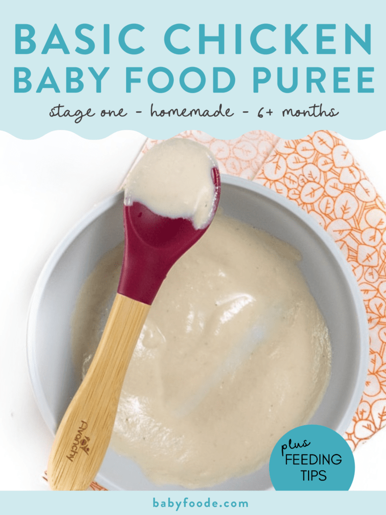 Graphic for post - basic chicken baby food puree - stage one - homemade - 6+ months. Image is of a gray bowl with a red and wood spoon resting on top with chicken puree on it. 