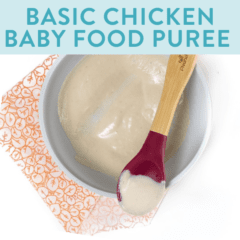 Chicken puree baby food puree - pictures of a gray bowl with pureed chicken for baby in it.