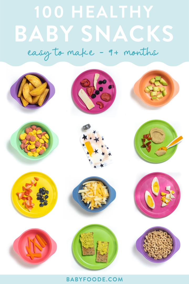Graphic for post - 100 healthy baby snacks - easy to make - 9+ months. Images are of colorful baby and toddler plates with healthy foods cut into small sizes. 