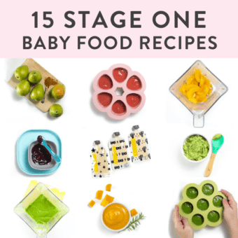 A grid of stage one baby food purees.
